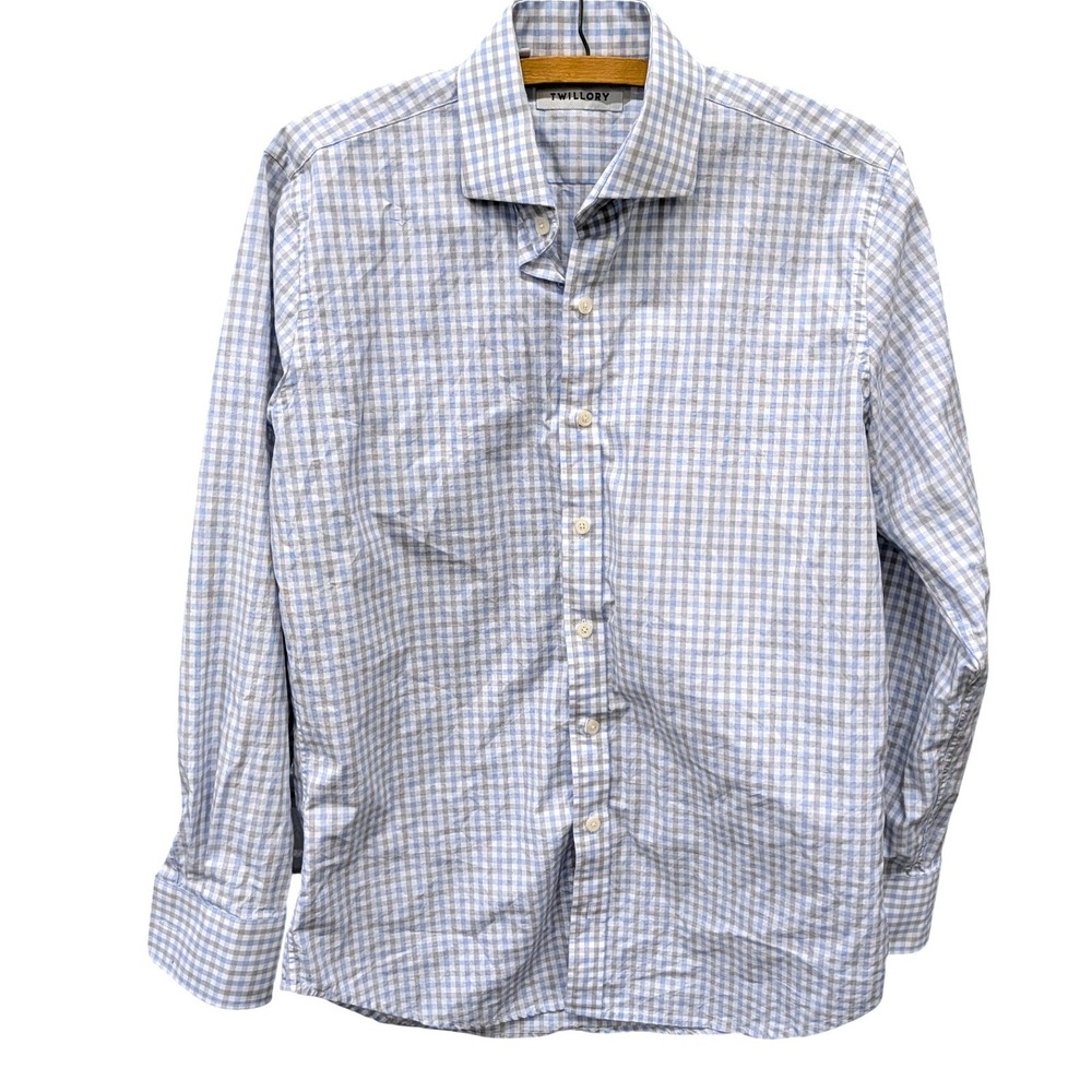 Twillory Men's Tailored Fit Dress Shirt Blue Grey Gingham Cotton- 15.5